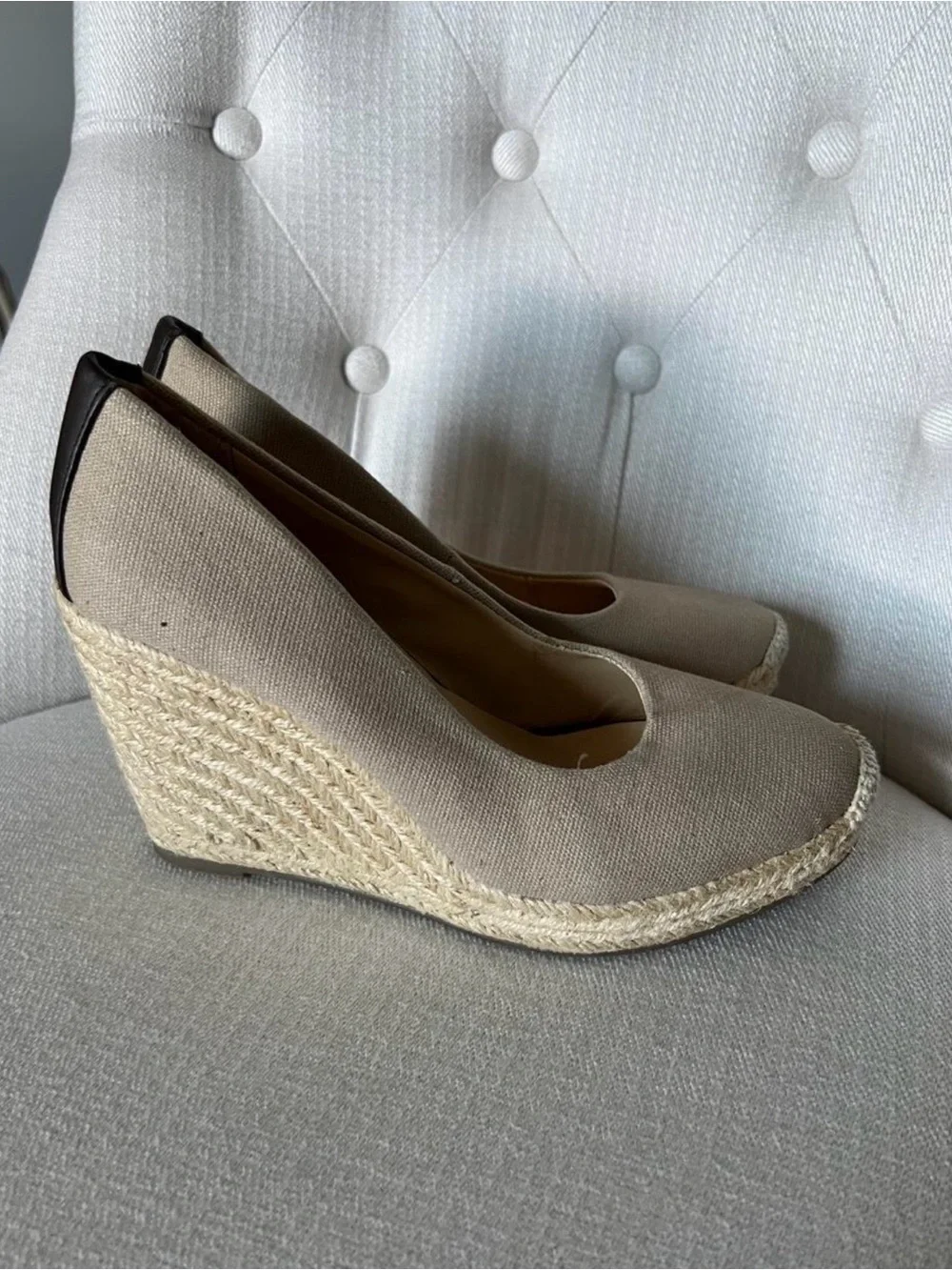 Mootsies Tootsies Beige Canvas Espadrille Wedge Pumps with Dark Heel Trim